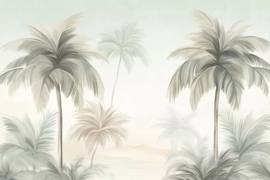 wall murals Palm textured trees with muted green and beige fronds against a soft sky w09770