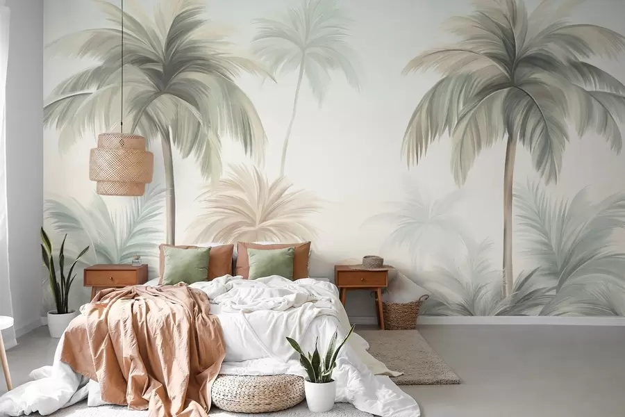 wall murals Palm textured trees with muted green and beige fronds against a soft sky w09770