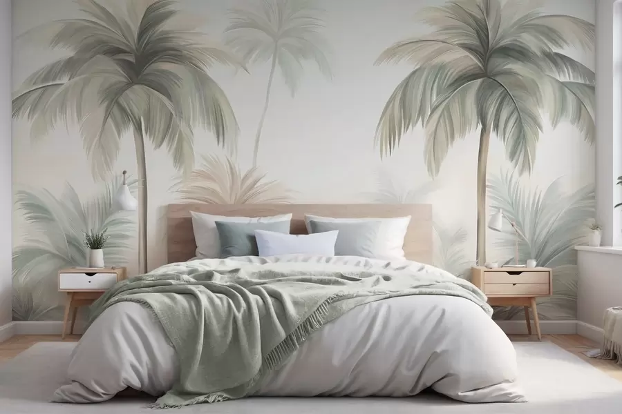 wall murals Palm textured trees with muted green and beige fronds against a soft sky w09770