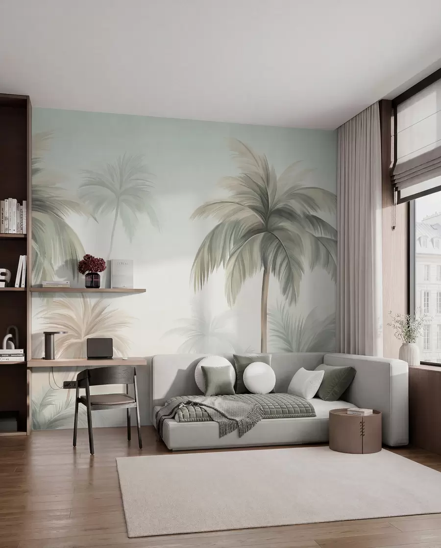 wall murals Palm textured trees with muted green and beige fronds against a soft sky w09770