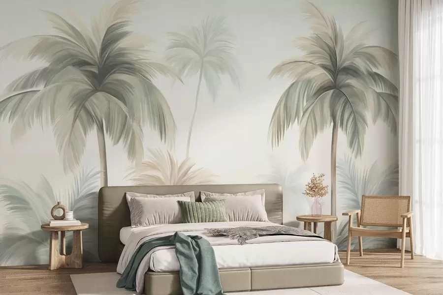 wall murals Palm textured trees with muted green and beige fronds against a soft sky w09770