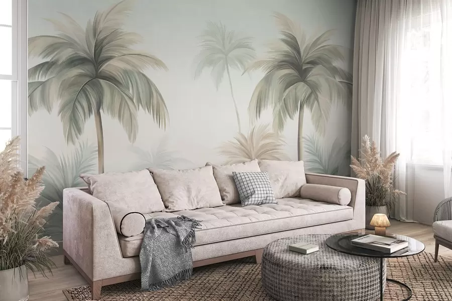 wall murals Palm textured trees with muted green and beige fronds against a soft sky w09770