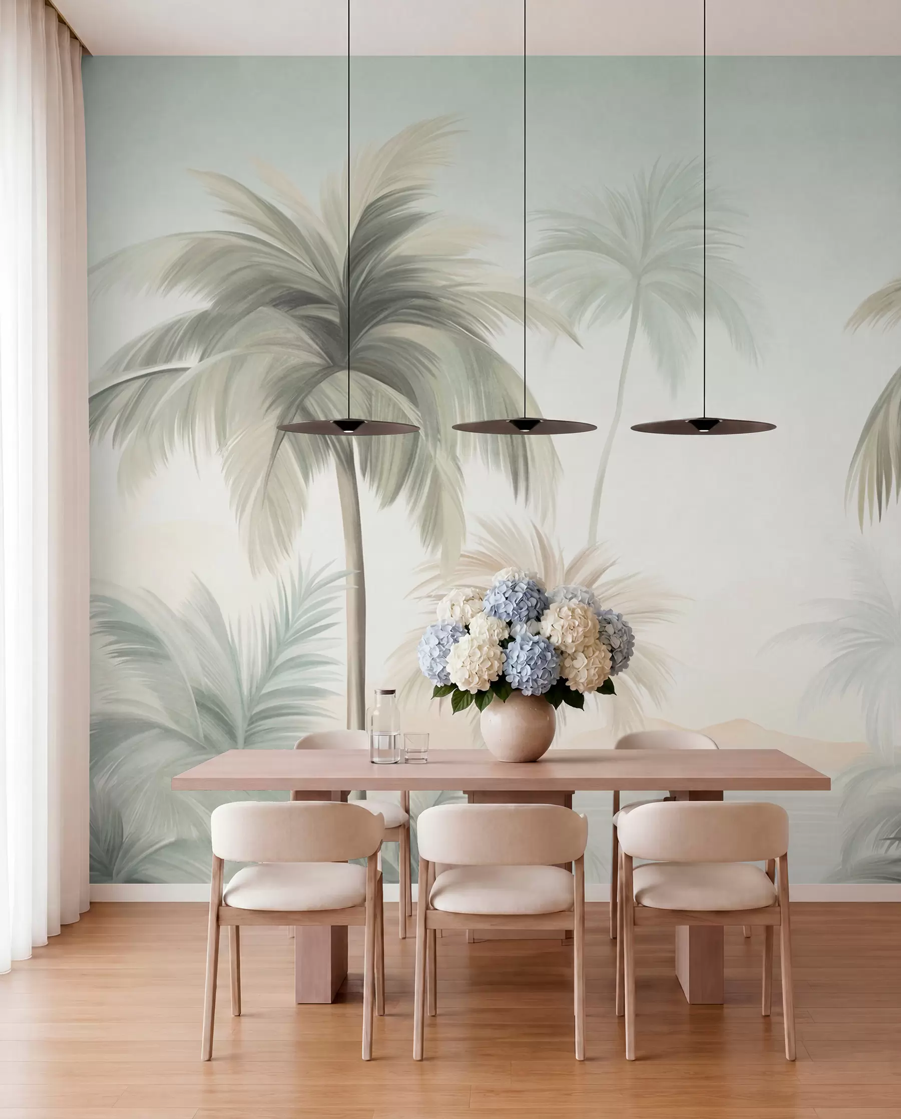 wall murals Palm textured trees with muted green and beige fronds against a soft sky w09770