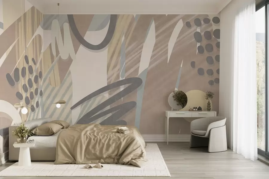 wall murals Abstract textured print with organic shapes, scribbles and dots in muted pastel colors w09774