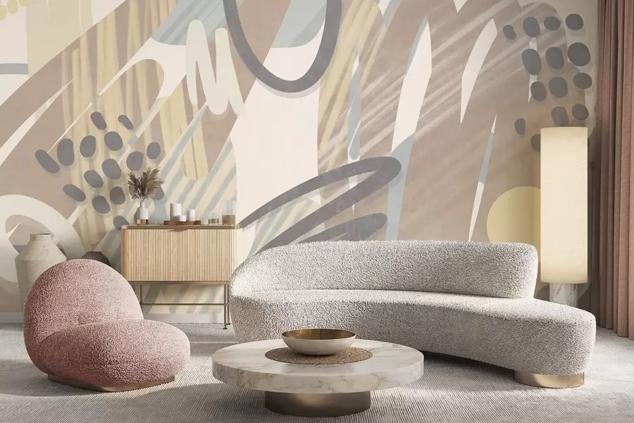 wall murals Abstract textured print with organic shapes, scribbles and dots in muted pastel colors w09774