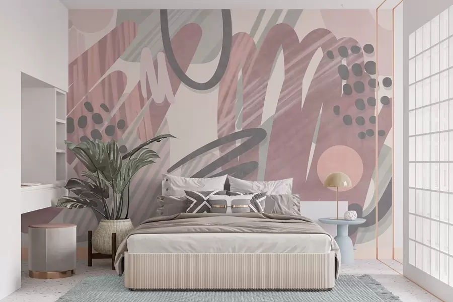wall murals Abstract textured print with organic shapes, scribbles and dots in muted pastel colors w09774v1