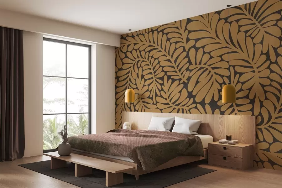 wall murals Stylized mustard yellow leaves against a dark gray background, textured art w09775