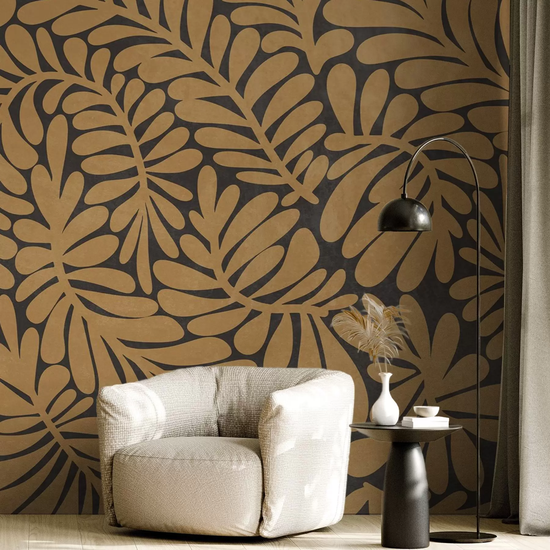 wall murals Stylized mustard yellow leaves against a dark gray background, textured art w09775