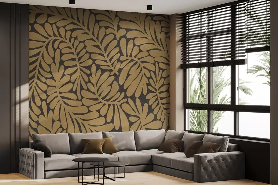 wall murals Stylized mustard yellow leaves against a dark gray background, textured art w09775