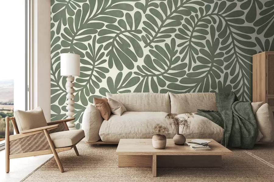 wall murals Stylized green leaves against a light background, textured art w09775v2