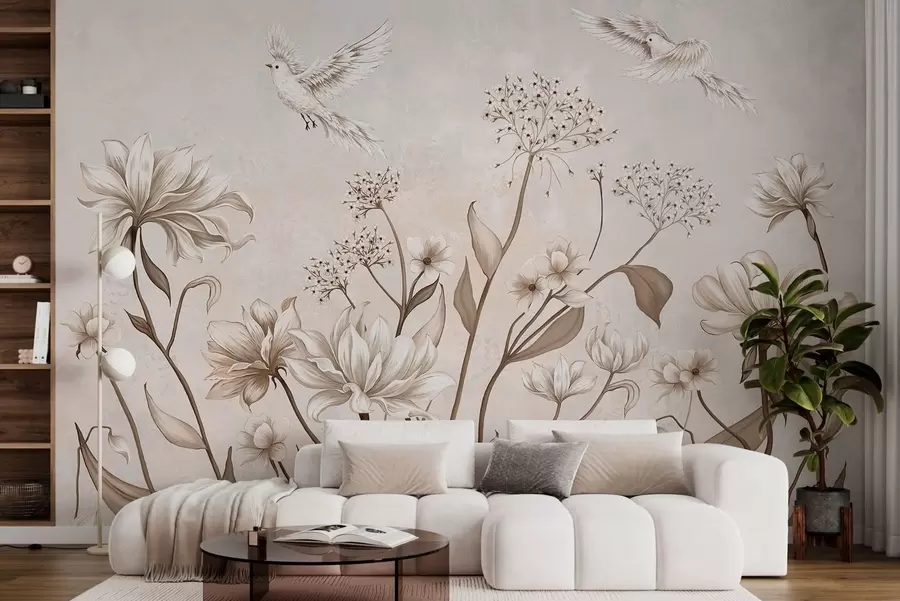 wall murals Light flowers and birds on soft background w05118
