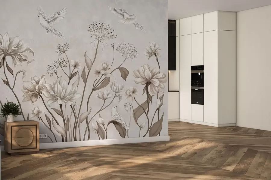 wall murals Light flowers and birds on soft background w05118