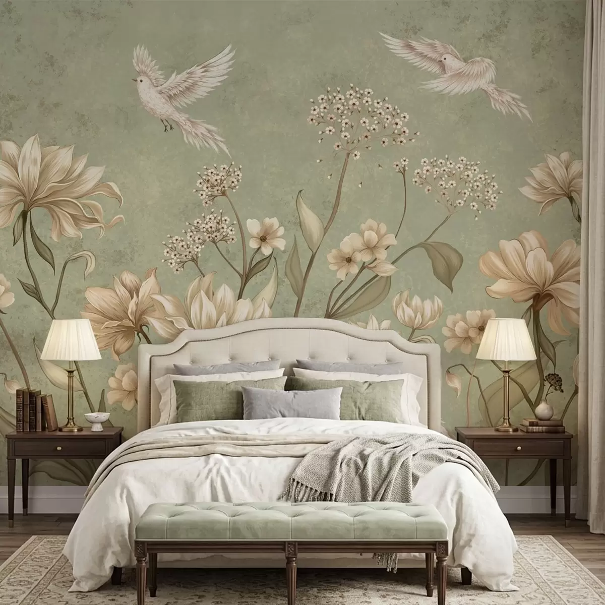 wall murals Flowers and birds on green textured background w05118v1