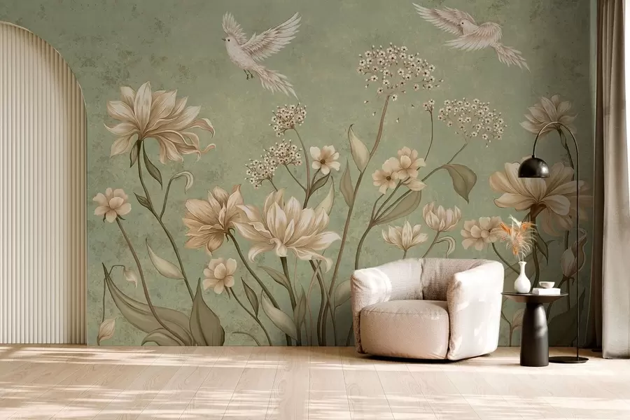wall murals Flowers and birds on green textured background w05118v1
