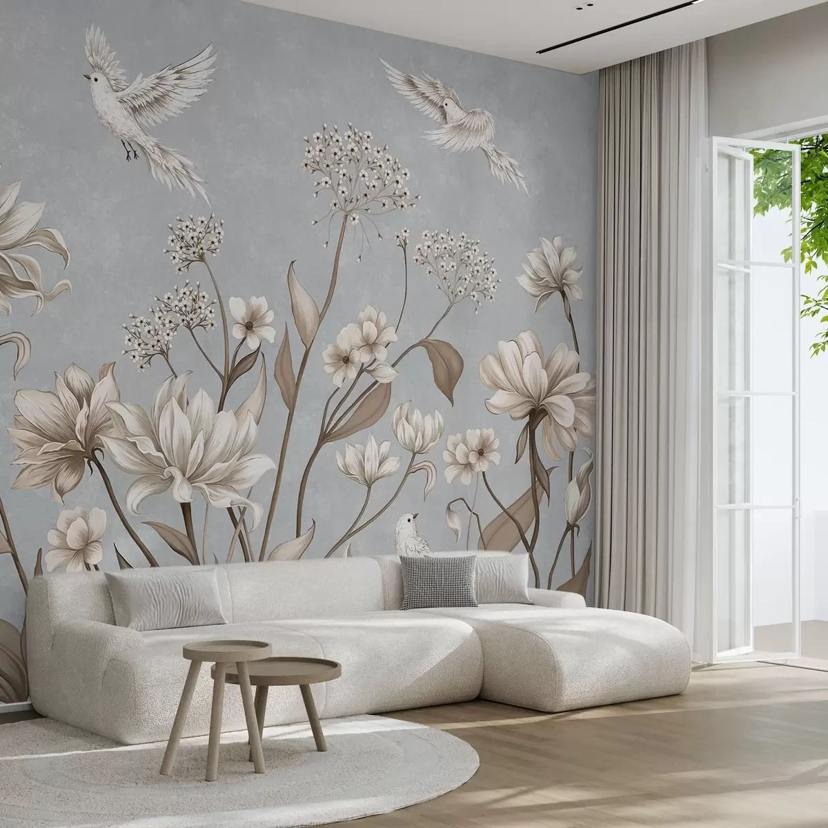 wall murals Flowers and birds on cool gray-blue background w05118v2