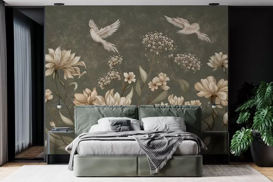 wall murals Flowers and birds on dark green background w05118v3