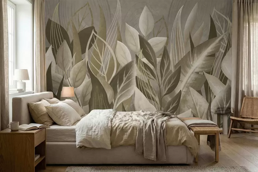 wall murals Abstract leaves in beige and green tones w05148