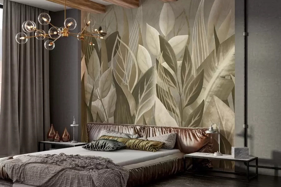 wall murals Abstract leaves in beige and green tones w05148