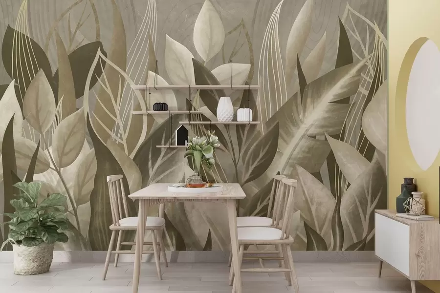 wall murals Abstract leaves in beige and green tones w05148