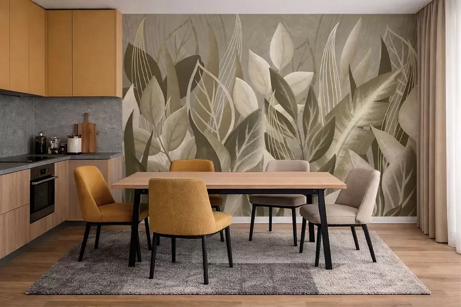 wall murals Abstract leaves in beige and green tones w05148
