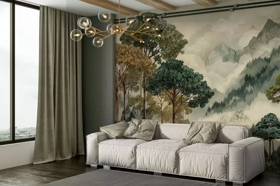 wall murals Forest with tall trees in misty mountains w05410