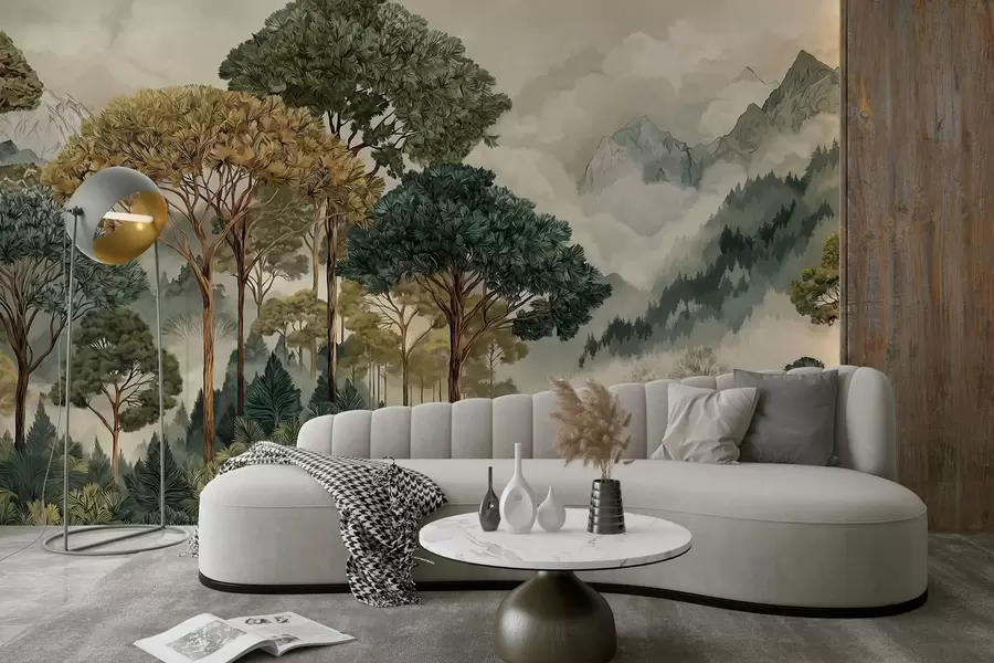 wall murals Forest with tall trees in misty mountains w05410
