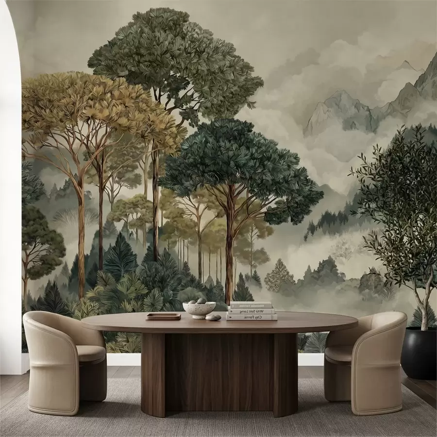wall murals Forest with tall trees in misty mountains w05410