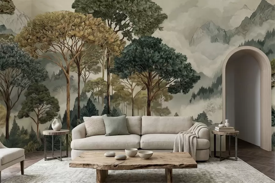 wall murals Forest with tall trees in misty mountains w05410