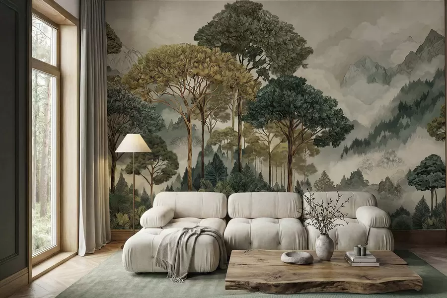 wall murals Forest with tall trees in misty mountains w05410