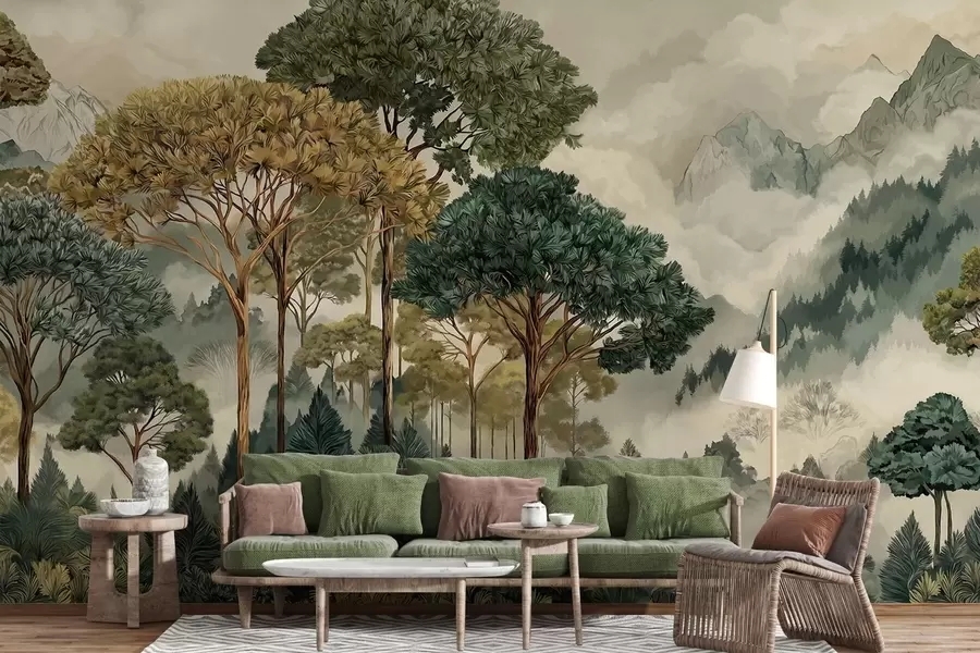 wall murals Forest with tall trees in misty mountains w05410