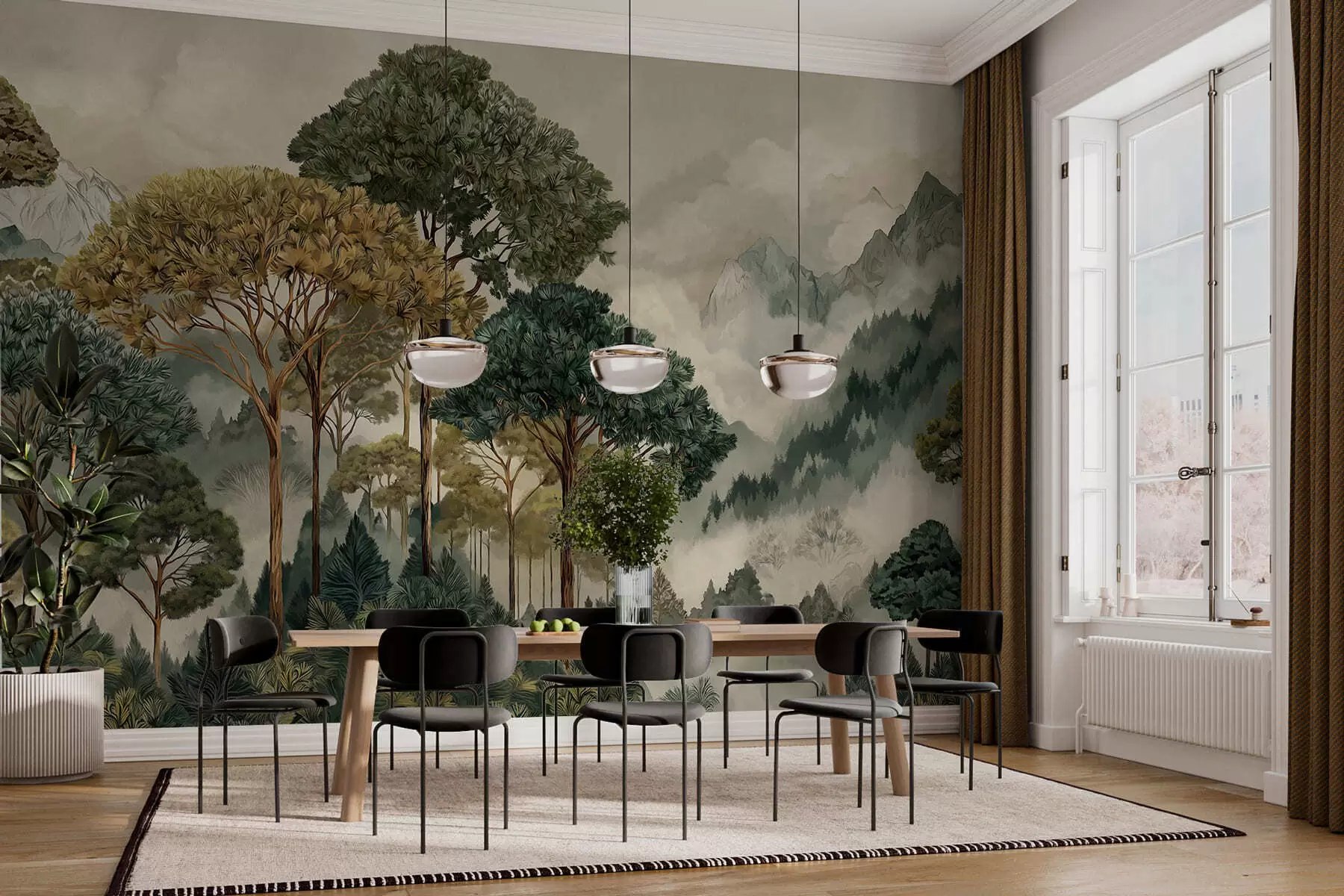 wall murals Forest with tall trees in misty mountains w05410