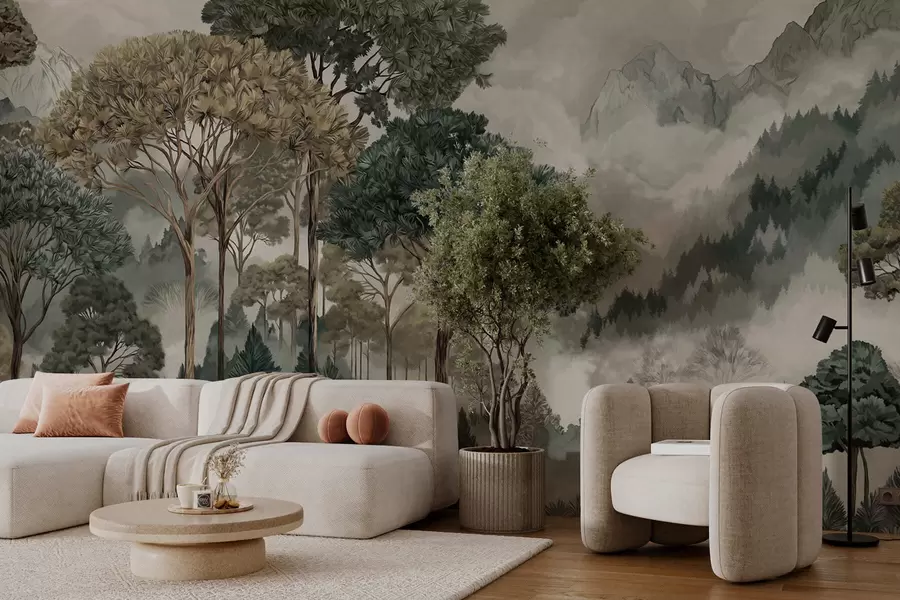 wall murals Mountain landscape with forest in soft tones w05410v1