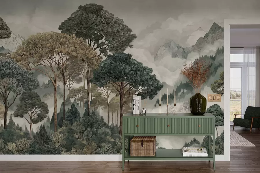 wall murals Mountain landscape with forest in soft tones w05410v1