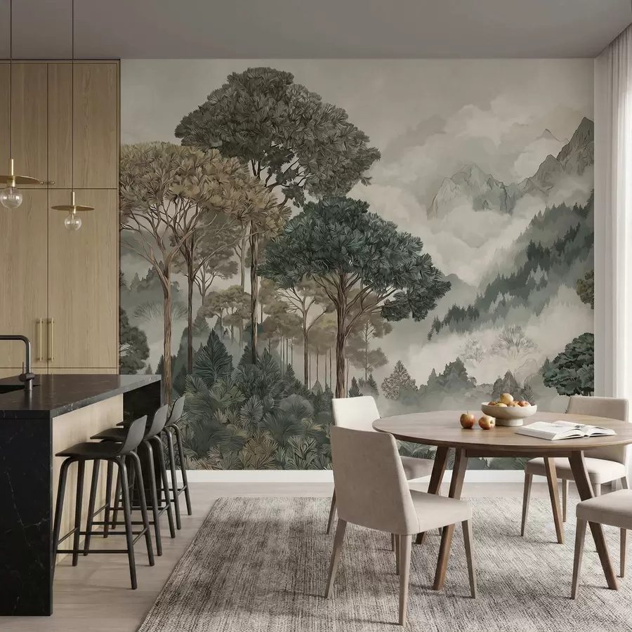 wall murals Mountain landscape with forest in soft tones w05410v1