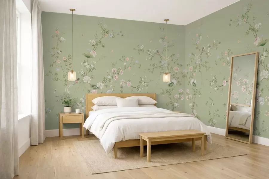 wall murals Flowering branches with birds on light green w05416
