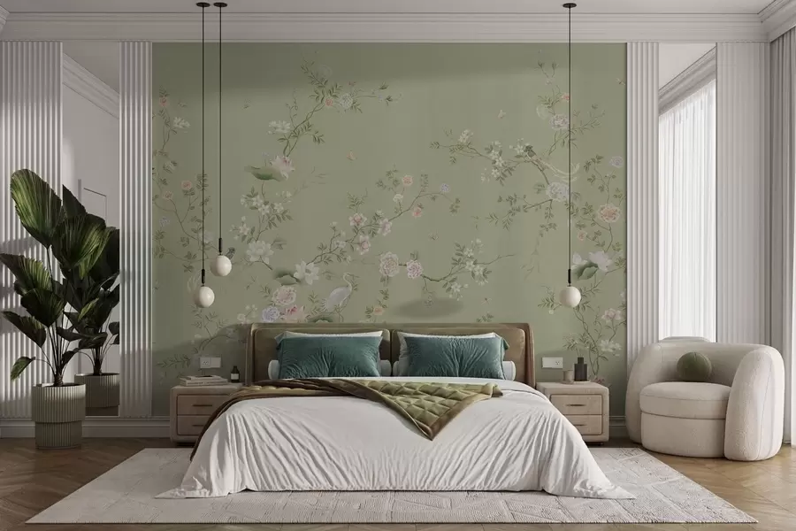 wall murals Flowering branches with birds on light green w05416