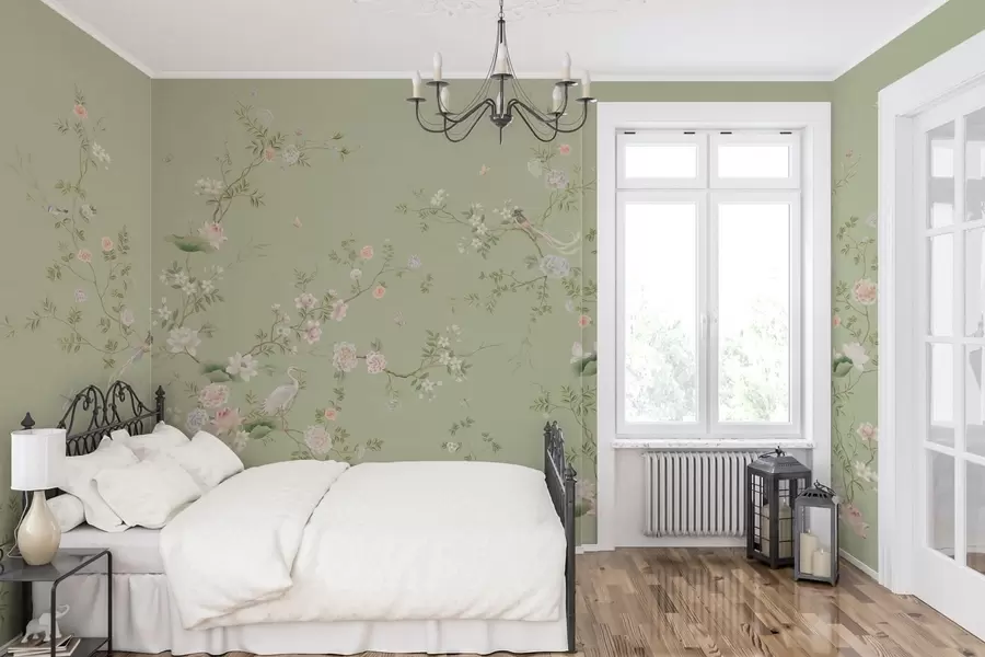 wall murals Flowering branches with birds on light green w05416
