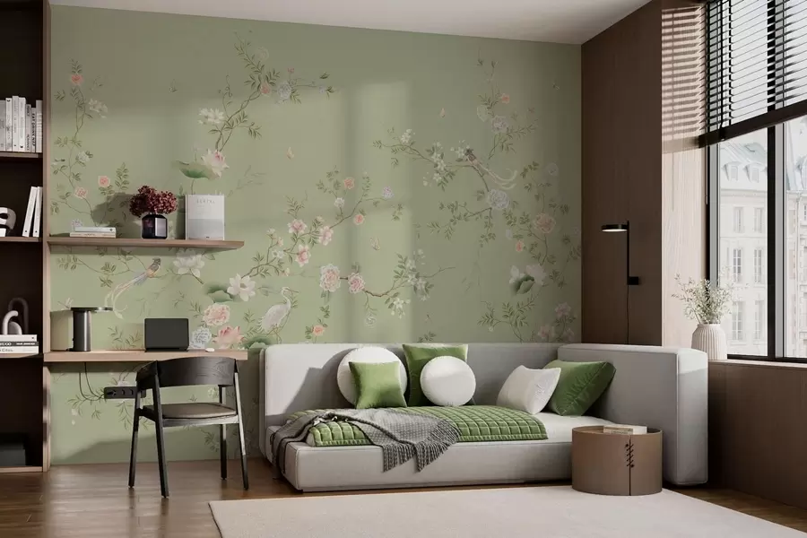 wall murals Flowering branches with birds on light green w05416