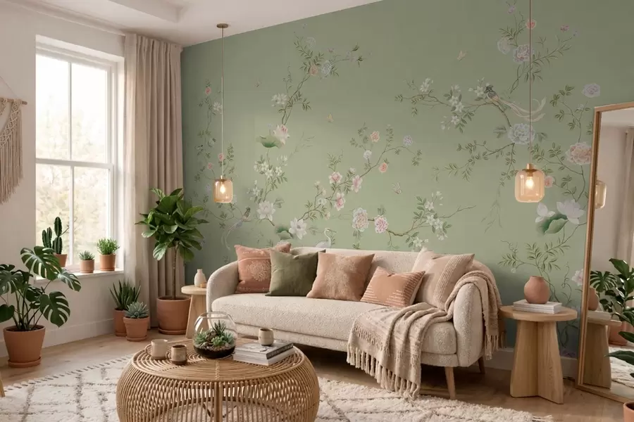 wall murals Flowering branches with birds on light green w05416