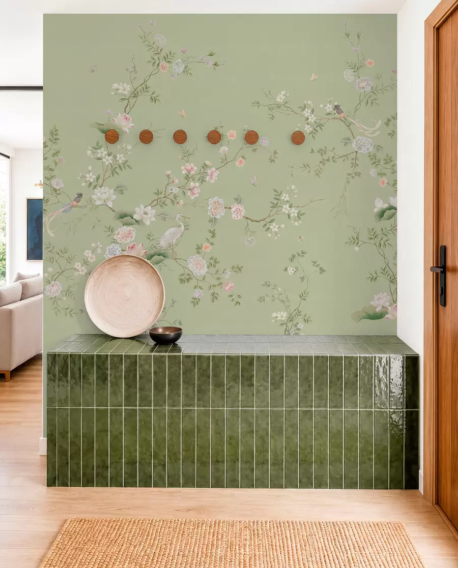 wall murals Flowering branches with birds on light green w05416
