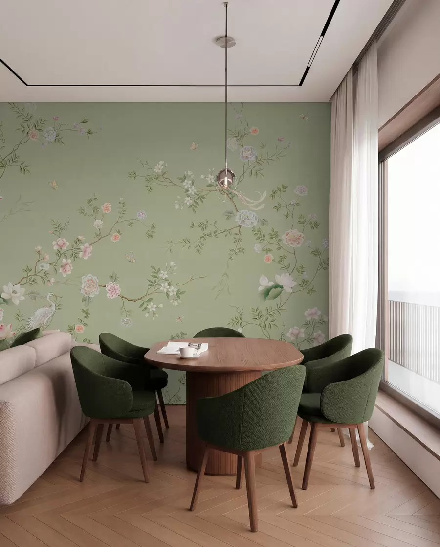 wall murals Flowering branches with birds on light green w05416