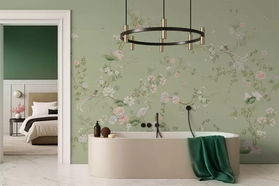 wall murals Flowering branches with birds on light green w05416