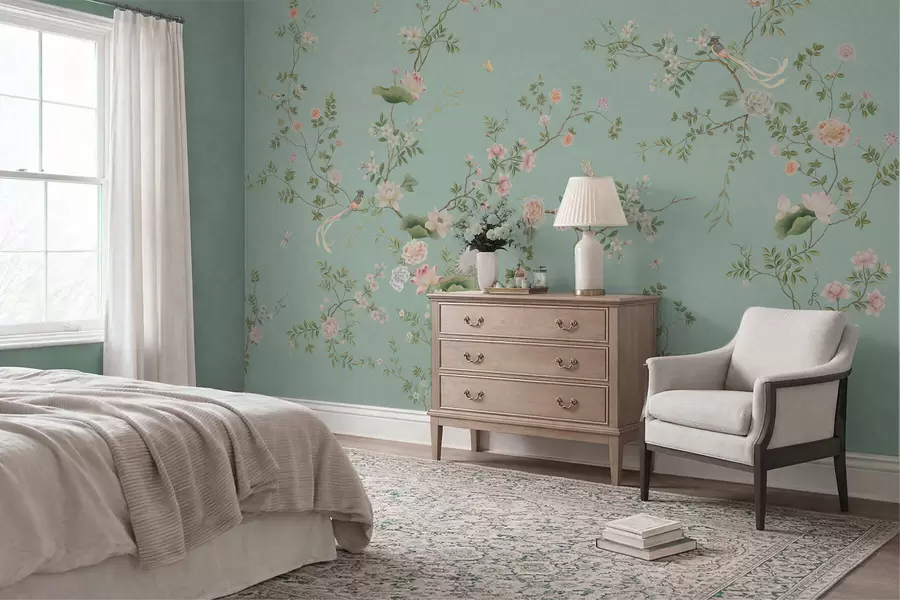 wall murals Flowering branches with birds on blue background w05416v1
