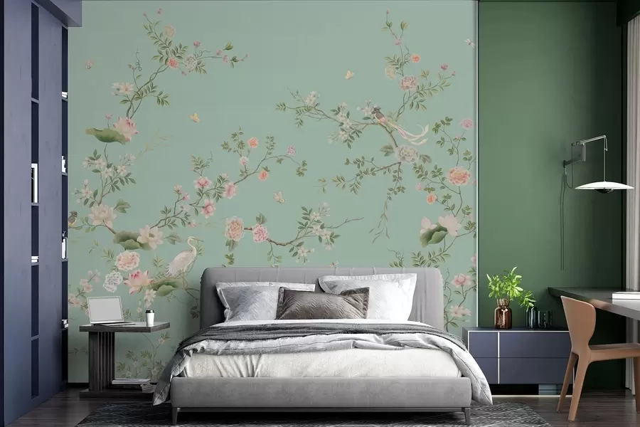 wall murals Flowering branches with birds on blue background w05416v1