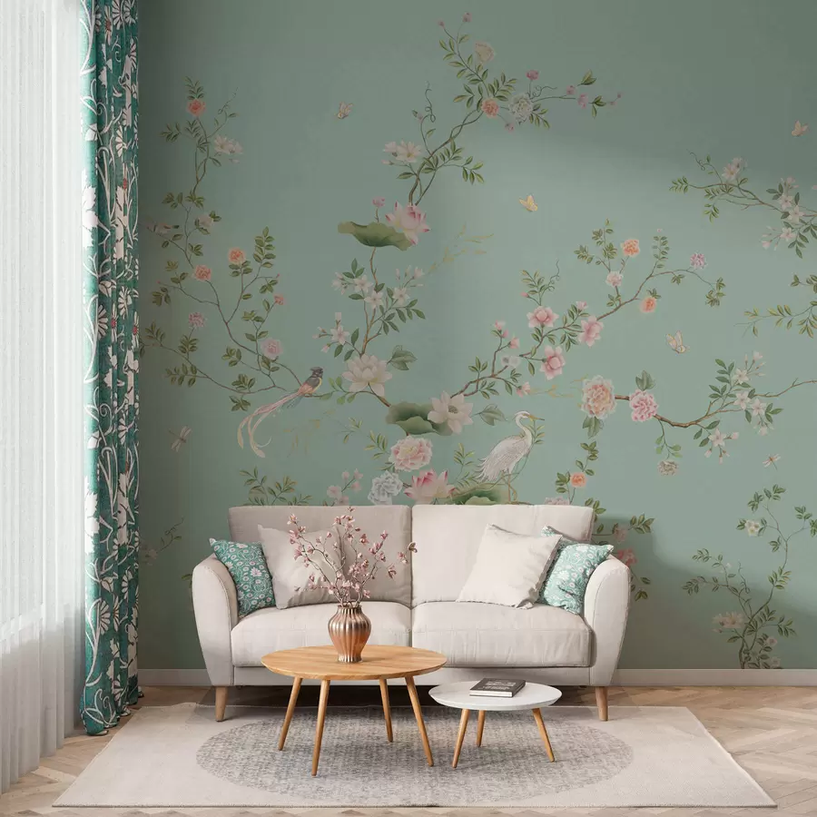 wall murals Flowering branches with birds on blue background w05416v1