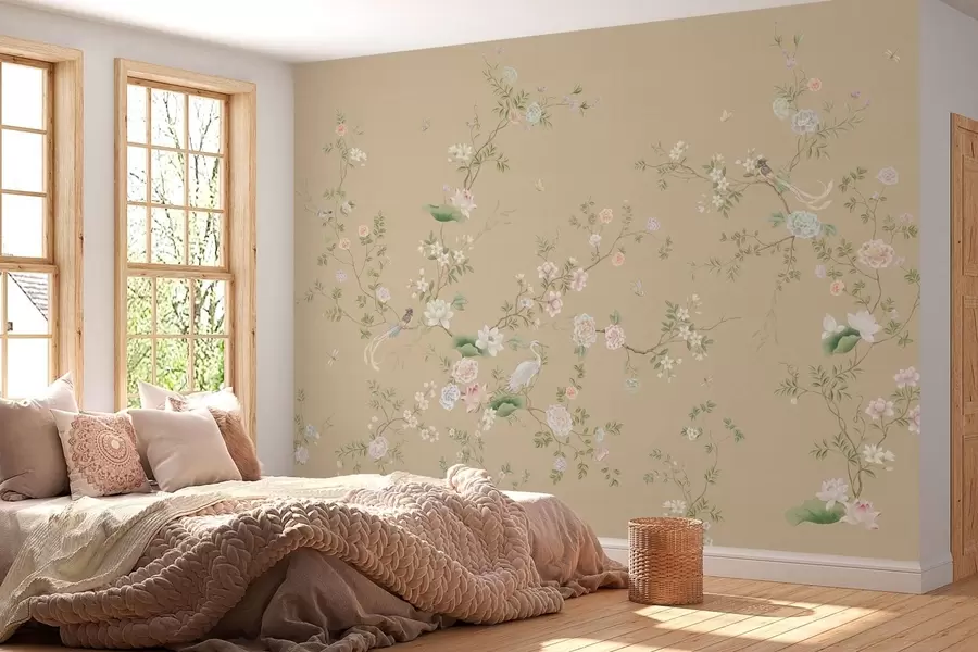 wall murals Flowering branches with birds on warm beige w05416v2