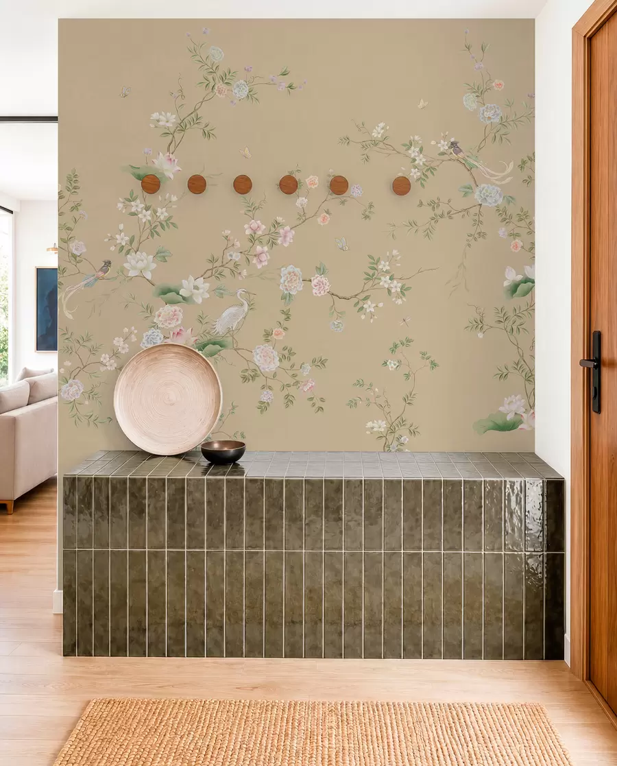 wall murals Flowering branches with birds on warm beige w05416v2