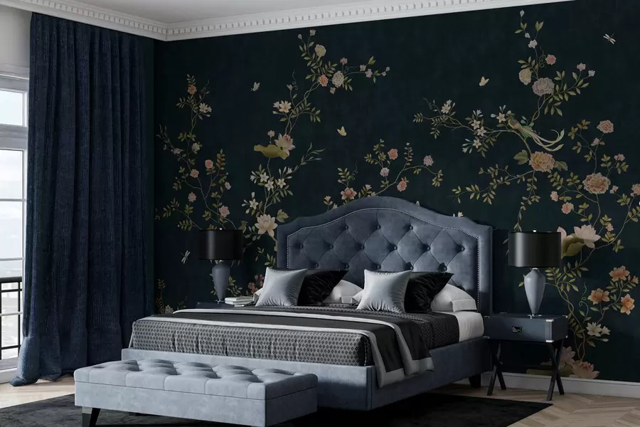 wall murals Flowering branches with birds on dark background w05416v3