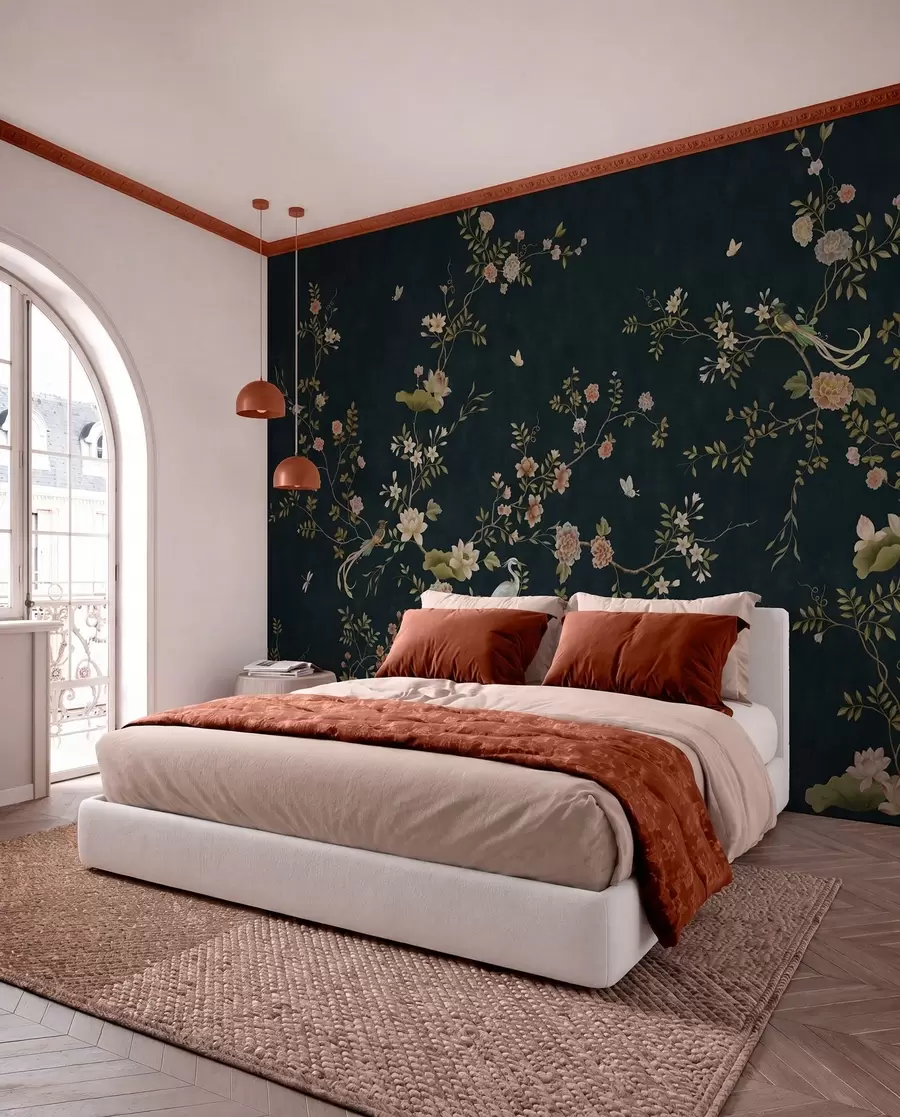 wall murals Flowering branches with birds on dark background w05416v3