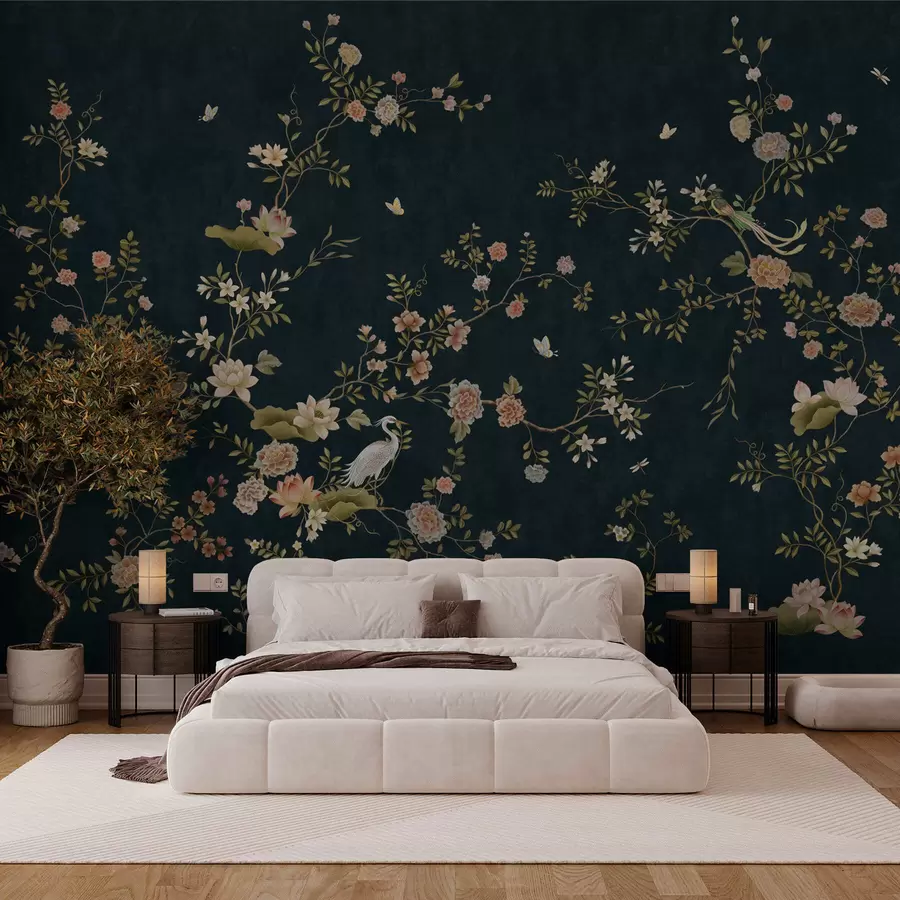 wall murals Flowering branches with birds on dark background w05416v3